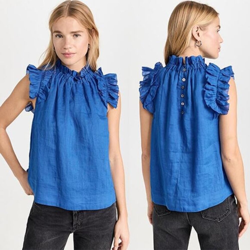 NWT Sea New York Ruffle Elastic Collar Pleated Sleeve Hattie Ramie Top Blue